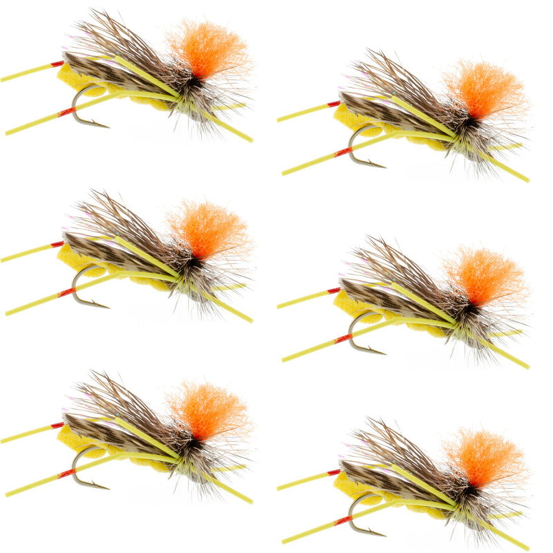 Set of six yellow foam grasshopper dry flies for trout fishing, size 10, by The Fly Fishing Place, featuring vibrant yellow and orange colors.