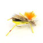 Three yellow foam grasshopper dry flies with hooks size 10, designed for trout fishing, by The Fly Fishing Place.