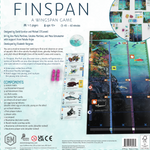 Board game Finspan by Bards & Cards, showing the back of the box with colorful artwork and game details.