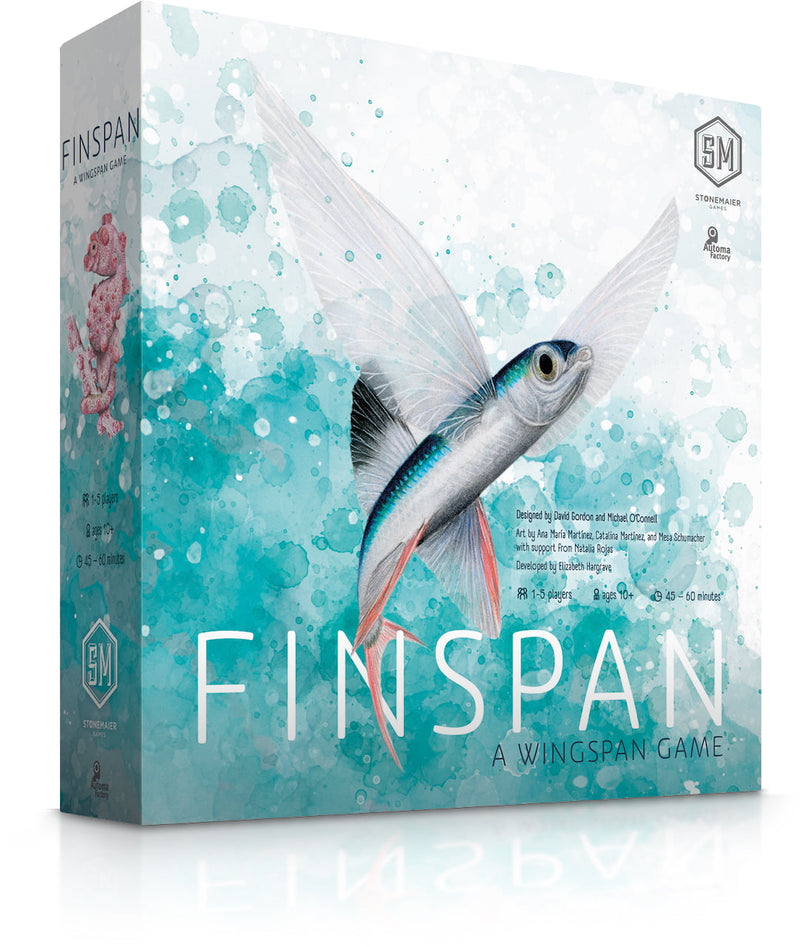 3D front view of the Finspan board game box by Bards & Cards, featuring colorful artwork and game title on the packaging.