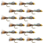 Set of 12 gold ribbed Hare's Ear Nymph trout wet flies with barbless hooks, size 10, for fly fishing.