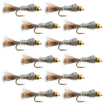 Gold ribbed Hare's Ear Nymph trout wet fly with bead head, barbless hooks, size 12, set of 12 fishing flies for fly fishing.