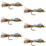 Set of six gold-ribbed Hare's Ear Nymph trout wet flies with barbless hooks, size 14, for fly fishing.