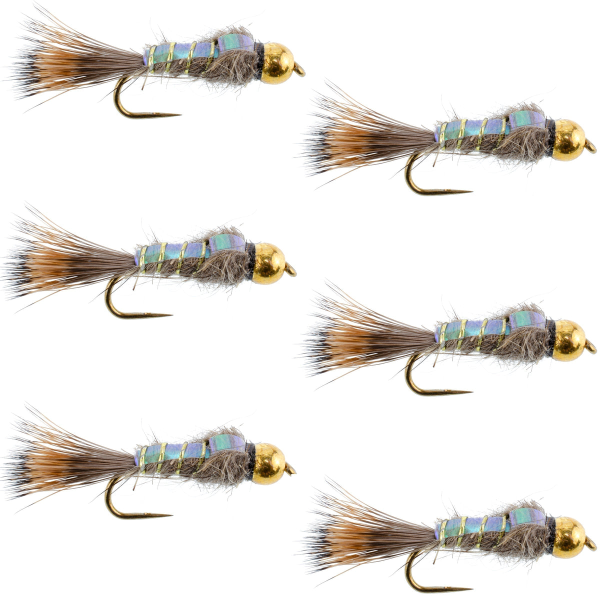 Set of six gold-ribbed Hare's Ear Nymph wet flies with barbless hooks, size 16, for trout fly fishing.