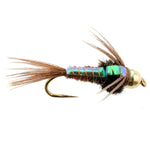 Barbless bead head Flashback Pheasant Tail Nymph fly for trout fishing, size 12, with natural pheasant tail and flashback detail.