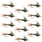 Barbless bead head Flashback Pheasant Tail Nymph fly set for trout fishing, size 18, with detailed fly hooks and natural feather pattern.