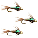 Set of 3 barbless bead head flashback pheasant tail nymph flies for trout fishing, size 18, by The Fly Fishing Place.