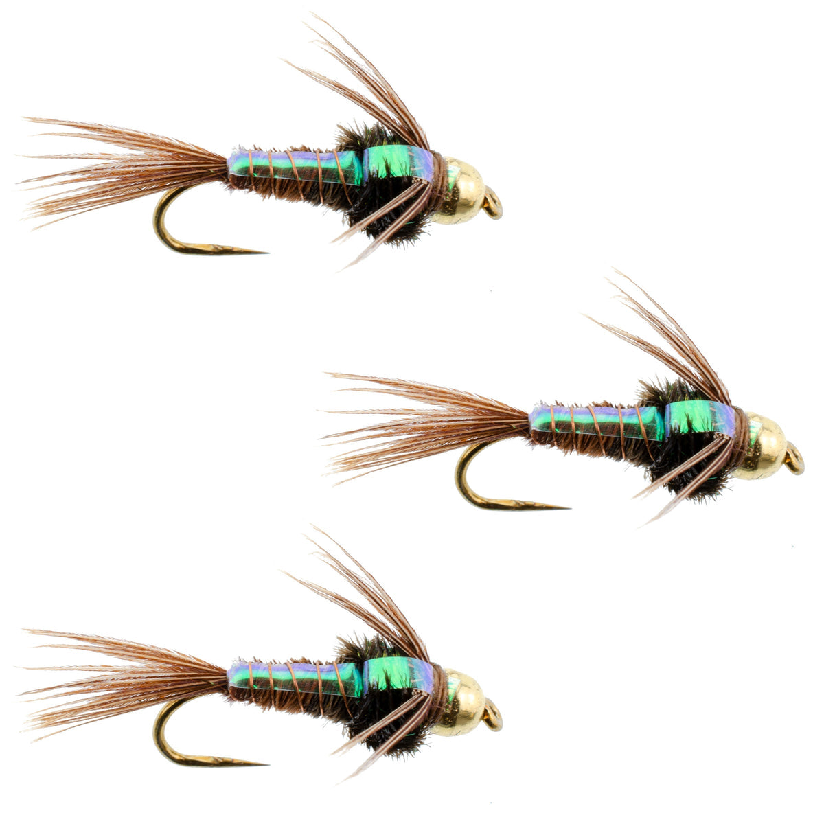 Set of 3 barbless trout wet flies, Flash-Back Pheasant Tail Nymphs, size 16, designed for fly fishing by The Fly Fishing Place