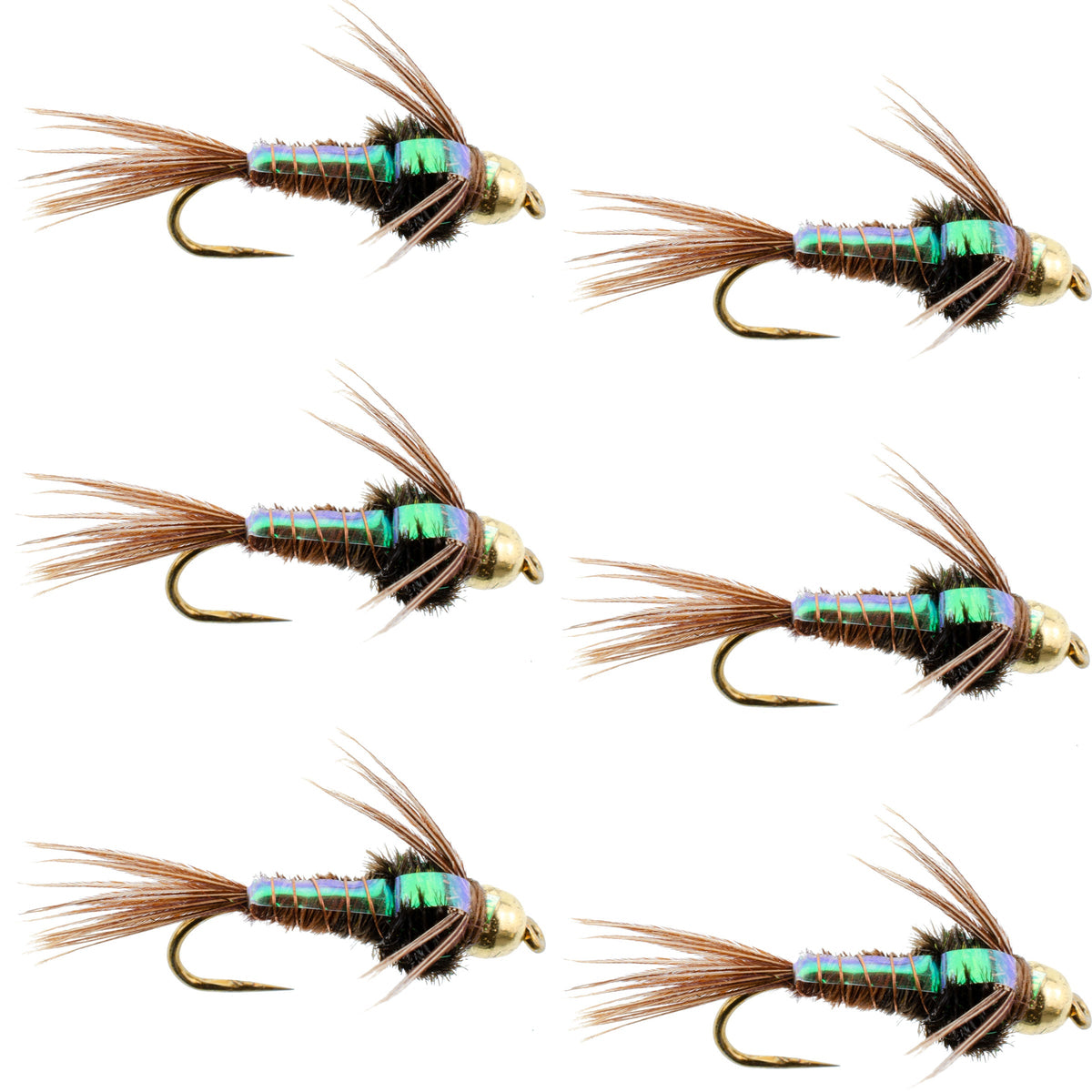 Six barbless trout wet flies featuring flash-back pheasant tail nymphs with size 12 hooks for fly fishing.