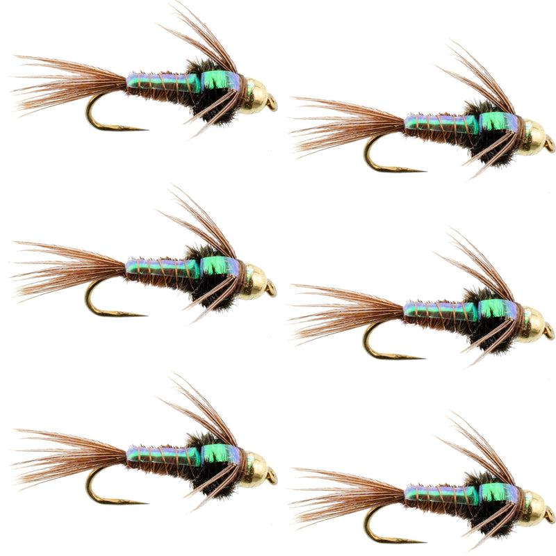 Set of six barbless trout wet flies featuring flash-back pheasant tail nymphs with hooks size 18 for fly fishing.