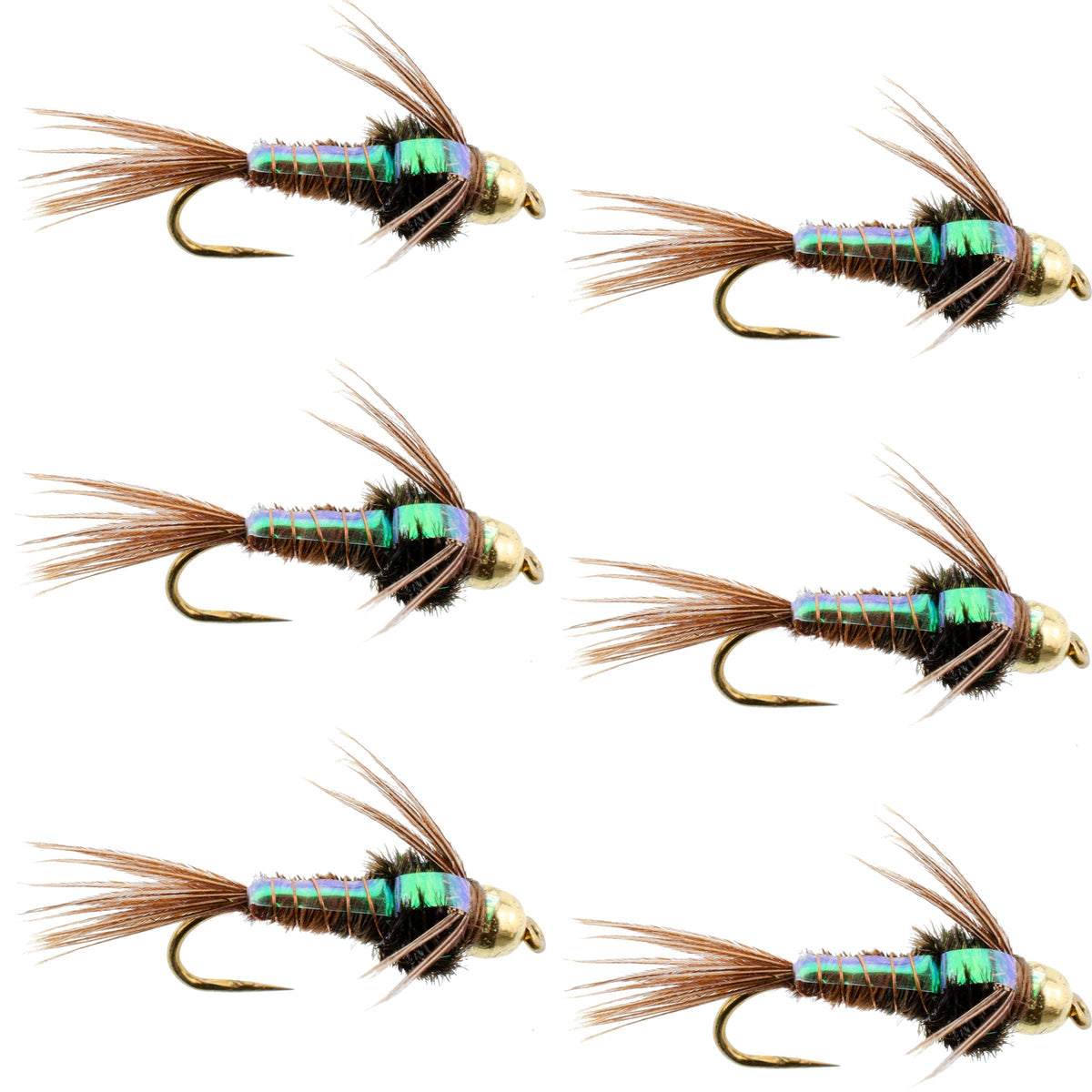 Set of six barbless trout wet flies featuring flashback pheasant tail nymphs, size 16, for fly fishing.