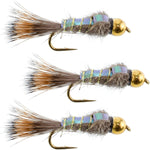 Set of three tungsten bead head gold ribbed hare's ear nymph trout wet flies for fly fishing, size 10, by The Fly Fishing Place.