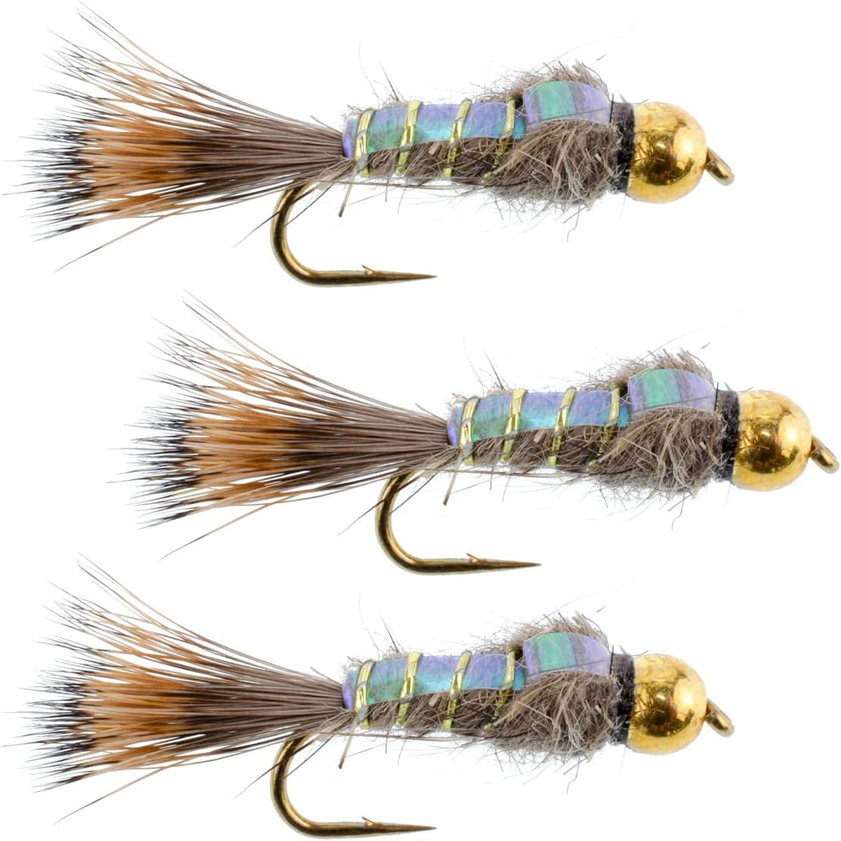 Set of three tungsten bead head gold ribbed hare's ear nymph trout wet flies for fly fishing, size 10, by The Fly Fishing Place.