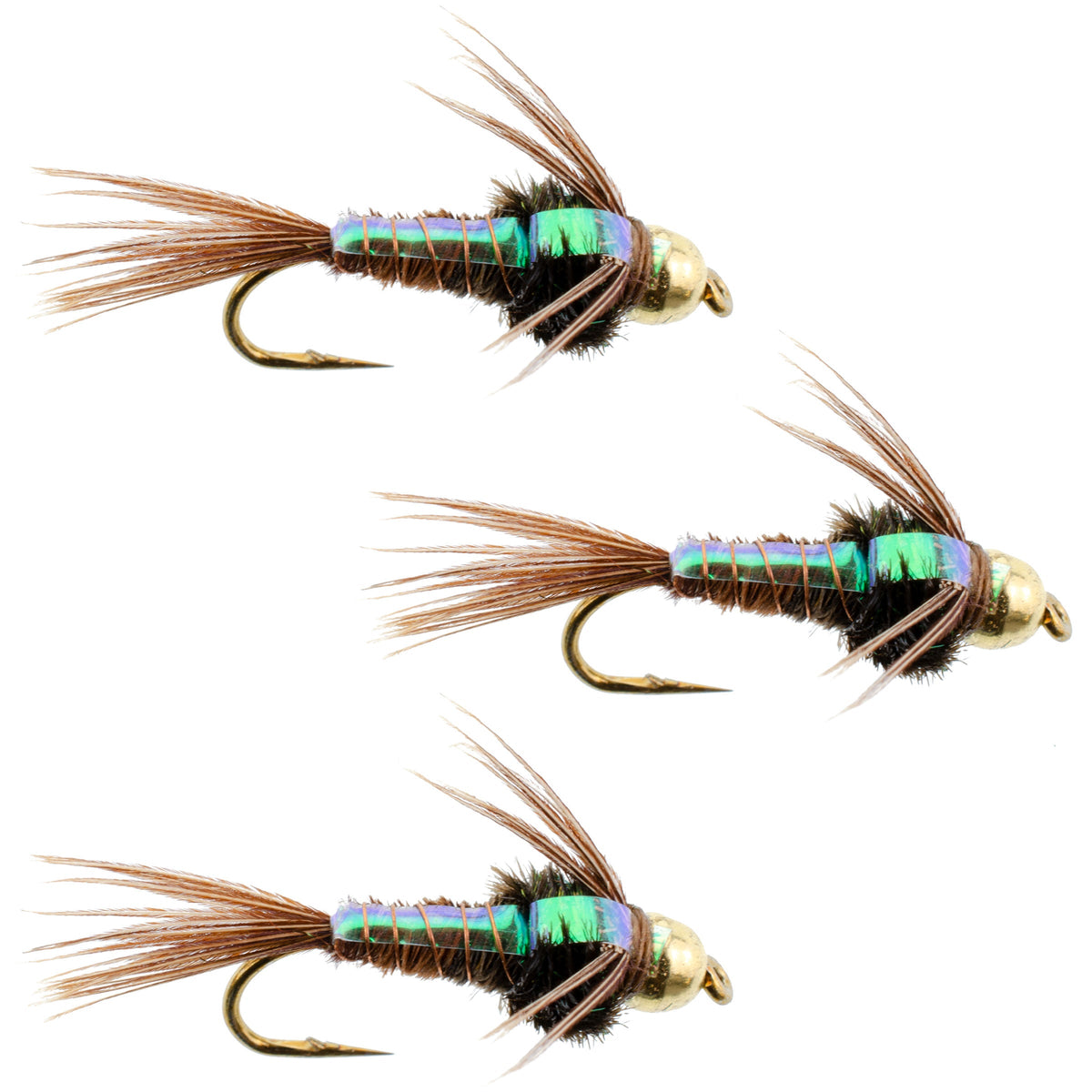 Three fly fishing flies with gold hooks on a white background