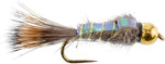 Gold ribbed hare's ear nymph trout wet fly with barbless hook, size 10, featuring a flashback bead head for fly fishing.