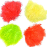 Fly tying materials, Woolly Bugger Marabou feathers in fluorescent yellow, red, orange, and chartreuse for fly fishing lures.