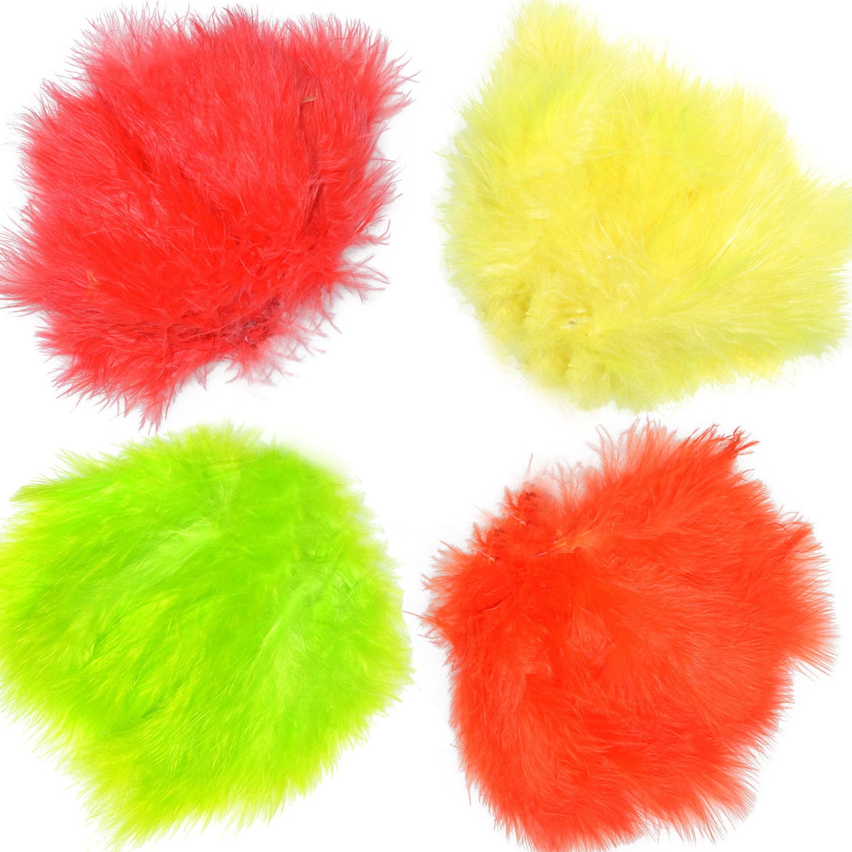 Fly tying materials, Woolly Bugger Marabou feathers in fluorescent yellow, red, orange, and chartreuse for fly fishing lures.