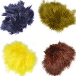 Fly tying feathers in Woolly Bugger Marabou colors including yellow, brown, olive, and black for fly fishing projects.