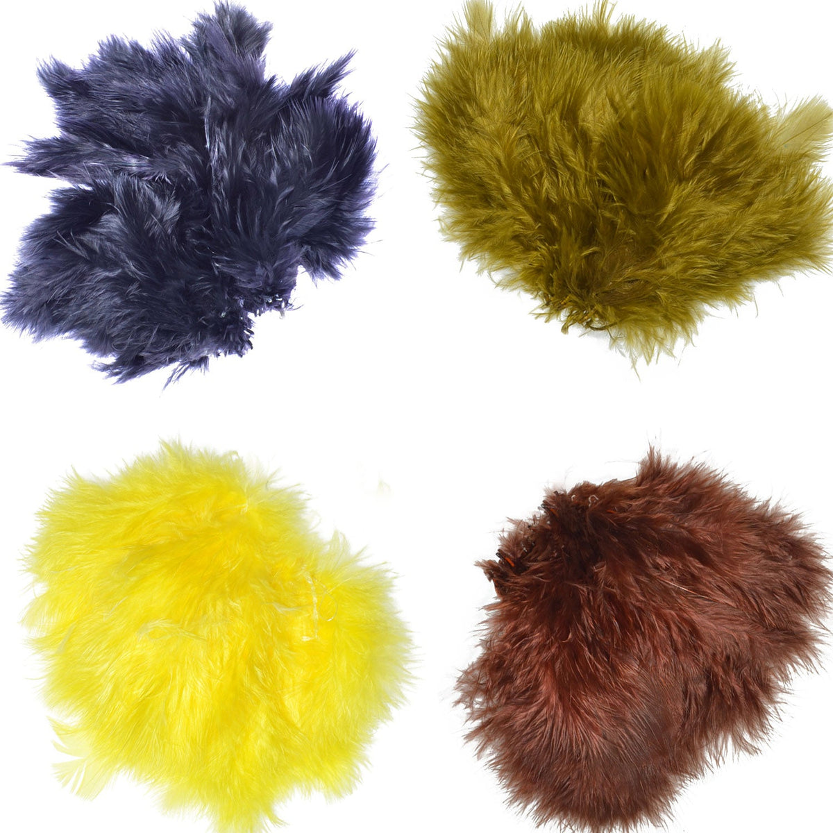 Fly tying feathers in Woolly Bugger Marabou colors including yellow, brown, olive, and black for fly fishing projects.