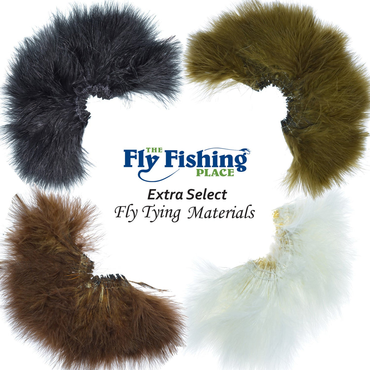 Select Strung Long Spey Marabou feathers in white, dark brown, olive, and black for fly tying from The Fly Fishing Place.