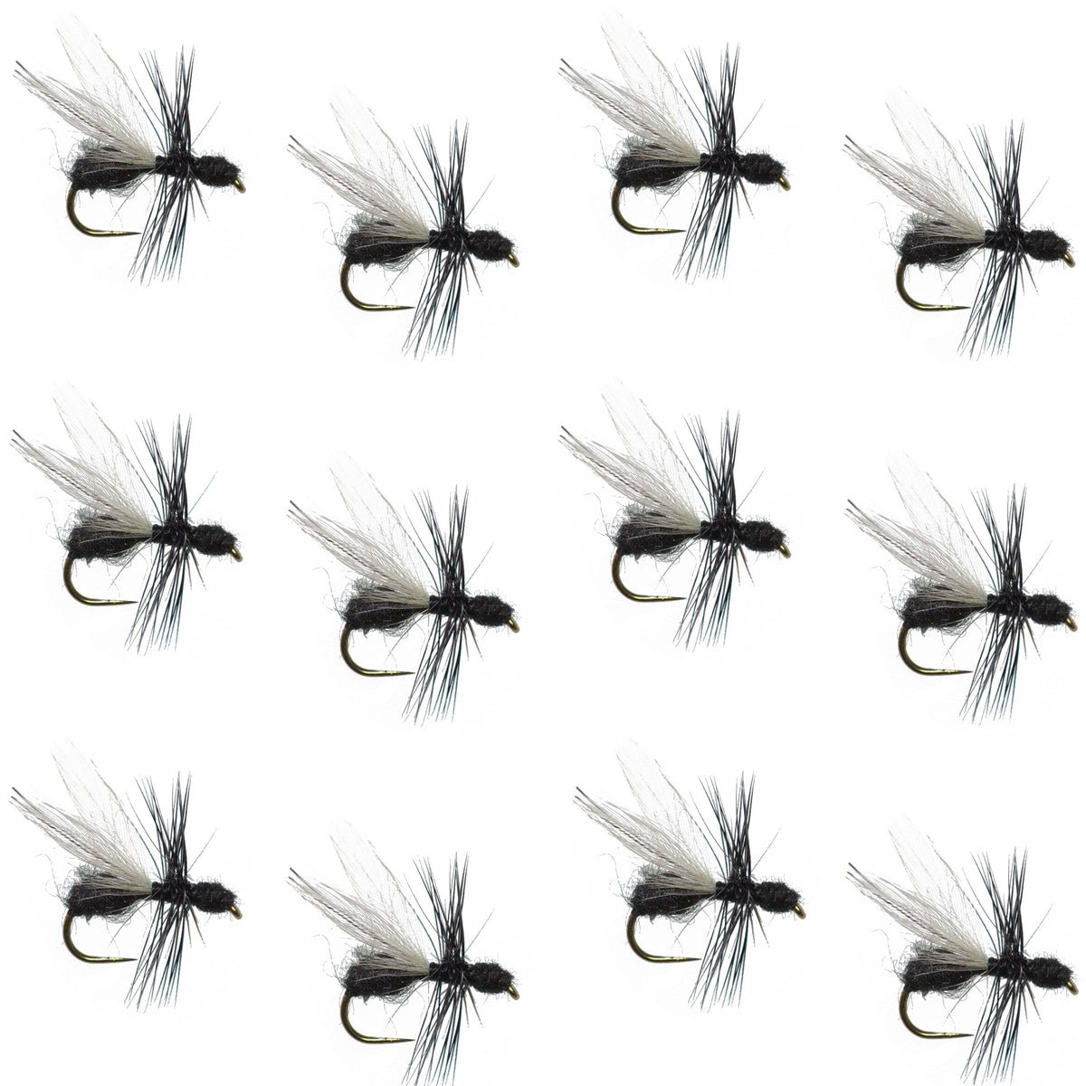 Set of 12 barbless black fur flying ant dry flies for trout fishing, size 14, by The Fly Fishing Place.
