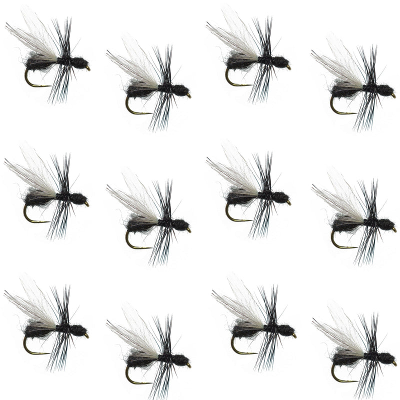 Set of 12 barbless black fur flying ant dry flies for trout fishing, size 14, by The Fly Fishing Place.