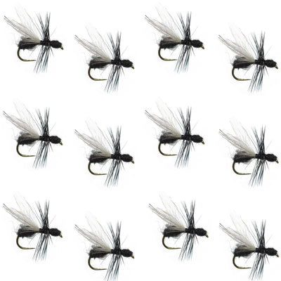 Black fur flying ant trout dry fly set with barbless hooks, size 12, designed for fly fishing for terrestrial trout.