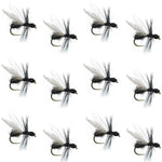 Black fur flying ant dry fly for trout fishing, set of 12 barbless flies with size 18 hooks, designed for freshwater trout.