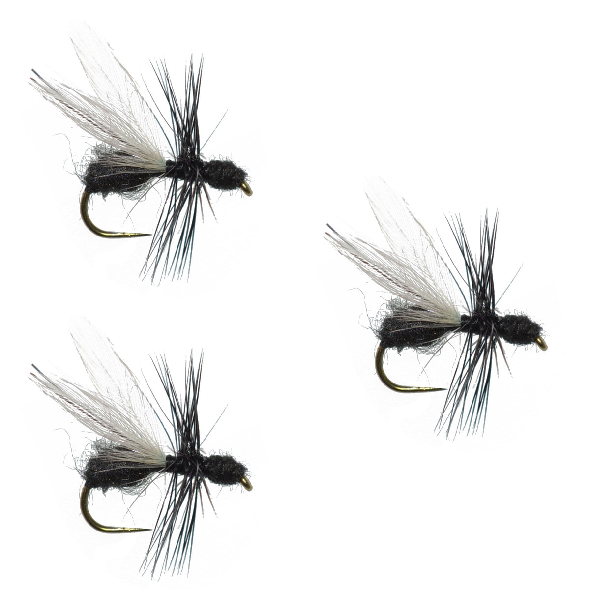 Set of three black fur flying ant dry flies for trout fishing, size 18, by The Fly Fishing Place, featuring barbless hooks.