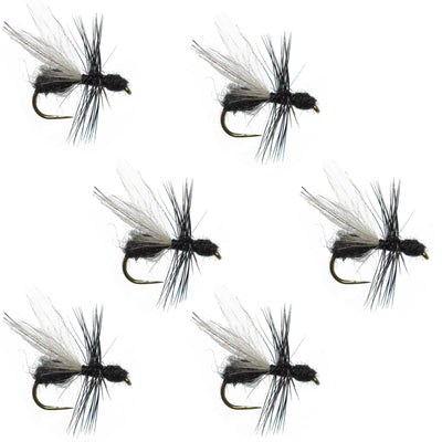 Set of 6 black fur flying ant trout dry flies with barbless hooks, size 16, designed for fly fishing for terrestrial trout.