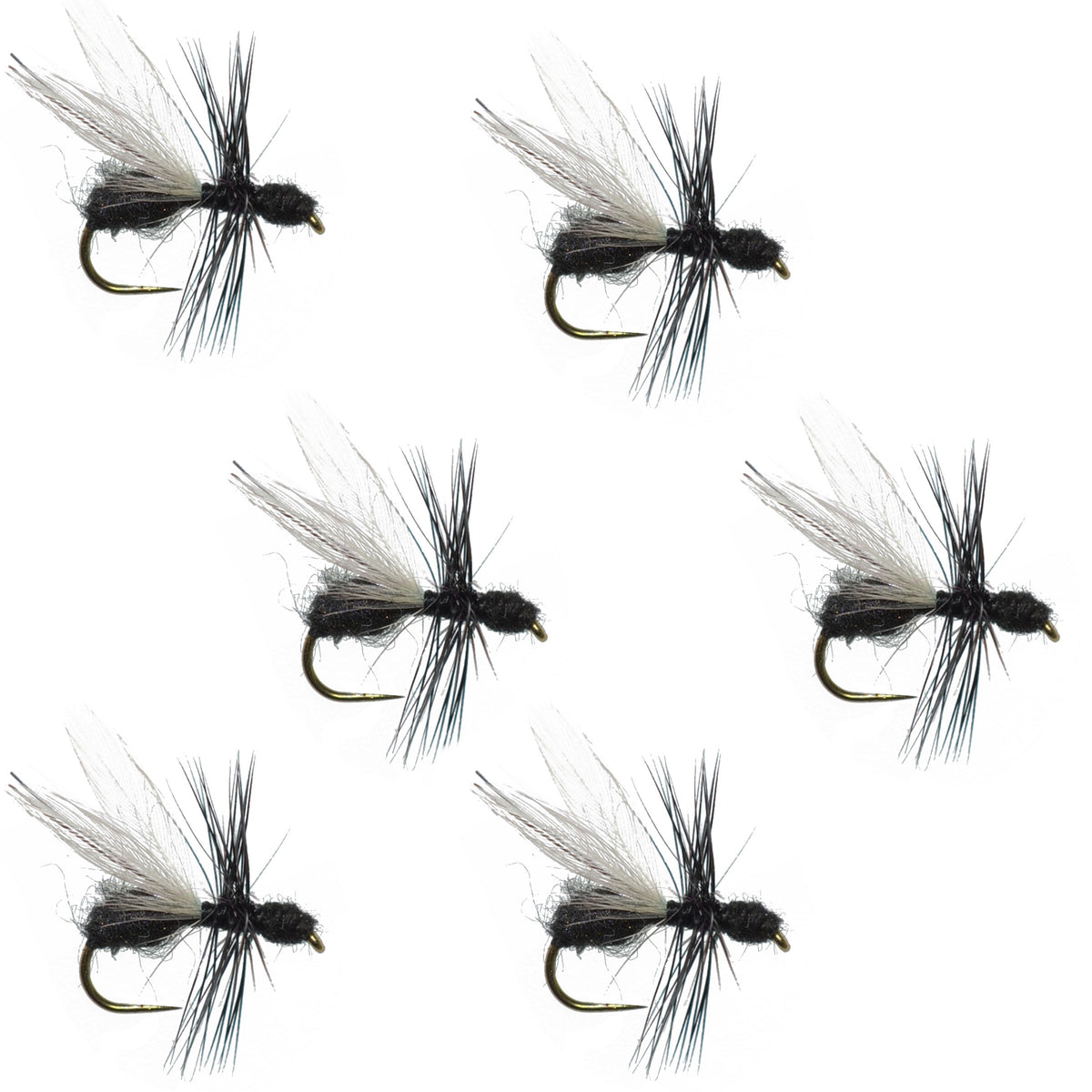 Set of six black fur flying ant trout dry flies with barbless hooks, size 14, designed for fly fishing.