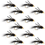Black and gold-ribbed Hare's Ear trout fly with rubber legs, size 14, designed for fishing, featuring a tungsten bead head and hook.