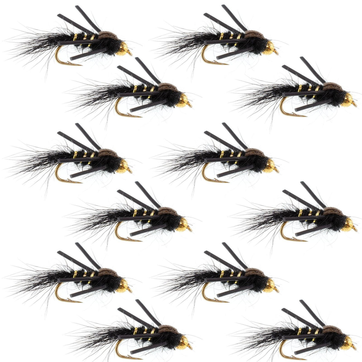 Black and gold-ribbed Hare's Ear trout fly with rubber legs, size 14, designed for fishing, featuring a tungsten bead head an