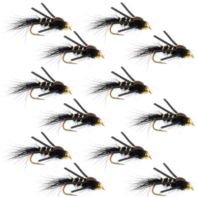 Black and gold-ribbed Hare's Ear trout fly with rubber legs, size 14, designed for fishing, featuring a tungsten bead head and hook.