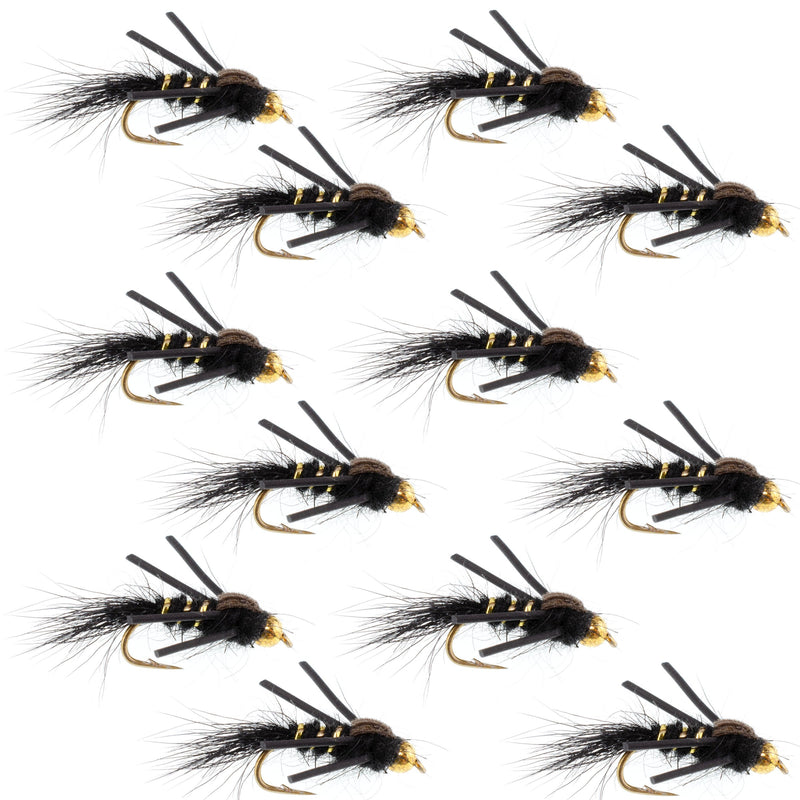 Black and gold-ribbed Hare's Ear trout wet fly with rubber legs and hook size 12, designed for fly fishing trout.