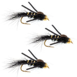 Three black and gold-ribbed Hare's Ear trout wet flies with rubber legs, size 12, designed for fly fishing by The Fly Fishing Place.