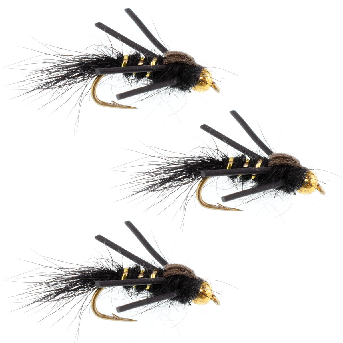 Three black and gold-ribbed Hare's Ear trout wet flies with rubber legs, size 12, designed for fly fishing by The Fly Fishing Place.