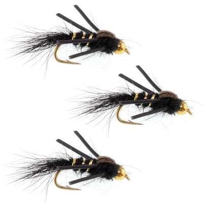 Three black and gold-ribbed Hare's Ear trout wet flies with rubber legs, size 12, designed for fly fishing by The Fly Fishing Place.