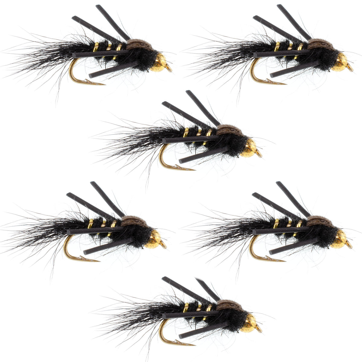Six black and gold-ribbed Hare's Ear trout wet flies with rubber legs, size 16, designed for fly fishing by The Fly Fishing Place.
