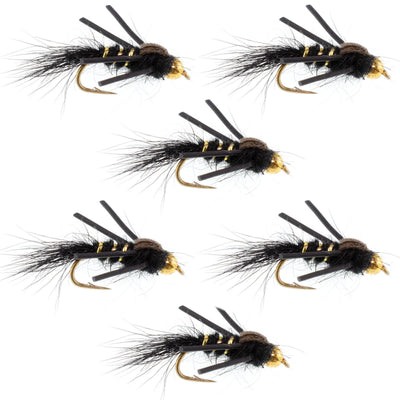 Six black and gold-ribbed Hare's Ear trout wet flies with rubber legs, size 16, designed for fly fishing by The Fly Fishing Place.