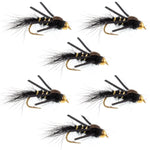 Black and gold-ribbed Hare's Ear trout wet fly with tungsten bead head, rubber legs, and hook size 14 for fly fishing.