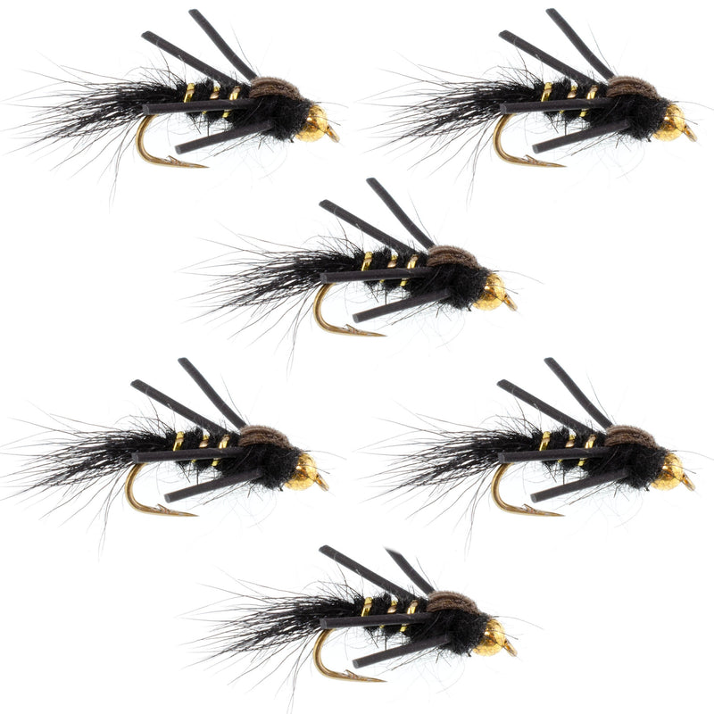 Black and gold-ribbed Hare's Ear trout wet fly nymph with rubber legs, hook size 12, designed for fly fishing.