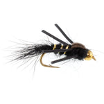 Three black and gold-ribbed Tungsten Bead Head Hare's Ear Trout Fly Nymphs with rubber legs, hook size 12, for fly fishing.