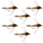 Six trout wet flies featuring tungsten bead heads, rubber legs, and natural gold-ribbed hare's ear for fly fishing, size 14.