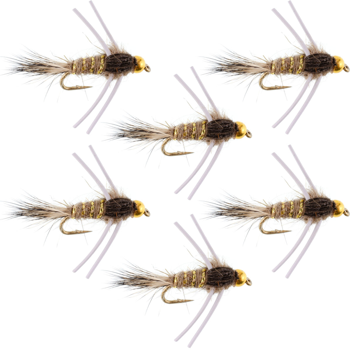 Six trout wet flies featuring tungsten bead heads, rubber legs, and natural gold-ribbed hare's ear for fly fishing, size 14.