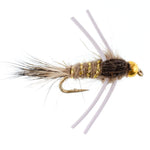 Natural gold-ribbed Hare's Ear trout wet fly with rubber legs, size 16, designed for fly fishing, featuring a tungsten bead head.