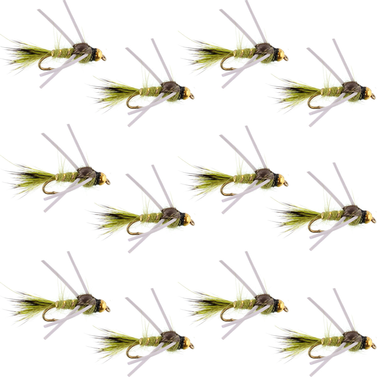 Multiple fishing lures on white sticks arranged in a grid pattern.