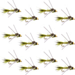 Olive gold-ribbed hare's ear trout fly nymph with rubber legs, size 14, set of 12 tungsten bead head wet flies for fly fishing.