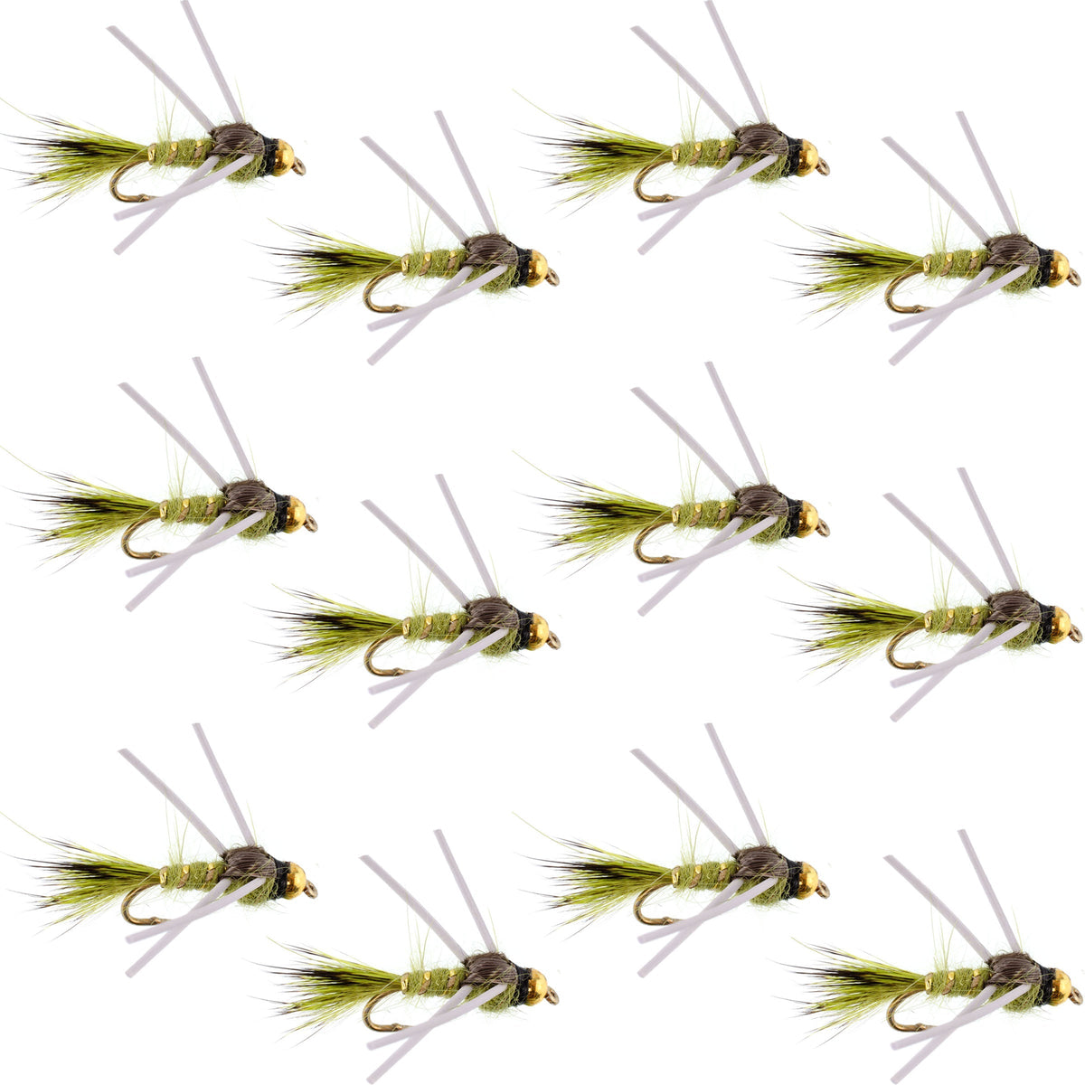 Olive gold-ribbed hare's ear trout fly nymph with rubber legs, size 14, set of 12 tungsten bead head wet flies for fly fishing.