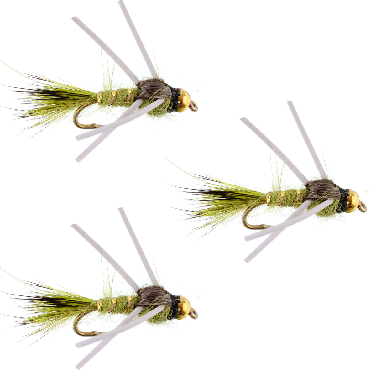 Set of 3 olive gold-ribbed Hare's Ear trout wet flies with tungsten bead head and rubber legs, size 12 fishing nymphs.